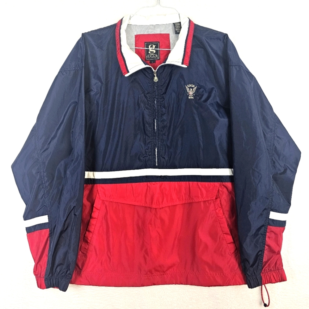 Vtg USGA Gear For Sports Jacket Mens Unisex Sz L Pullover Half-Zip Blue/Red